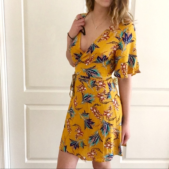 Tropical Floral Midi Wrap Dress Yellow - Picture 4 of 8